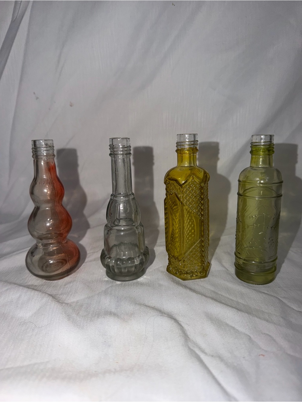 Mini Glass Bottle Lot 4pc - Colorful Vintage Barber Tonic & Diamond Bud Vases